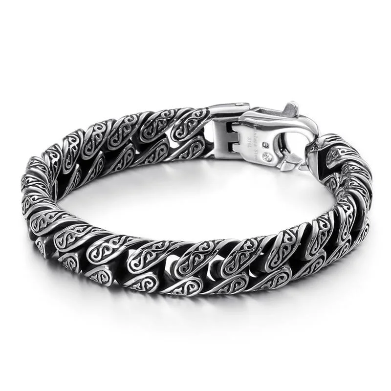 Birthstone bracelets for women-Stainless Steel Chain Link Engraved Design Bracelet