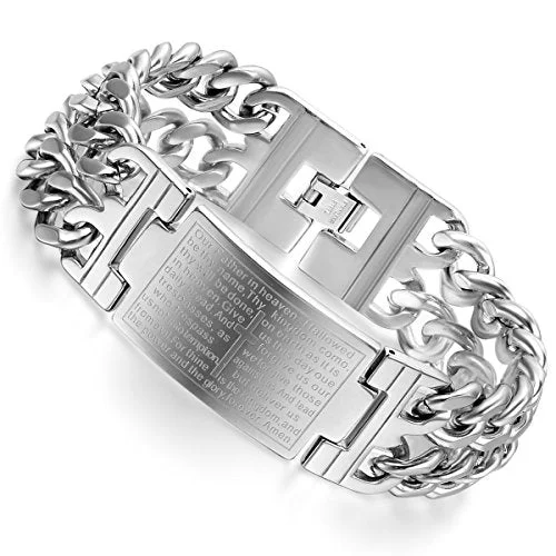 Custom stainless steel bracelets for men-Stainless Steel ENGLISH Lord's Prayer Cross Link Bracelet 9"