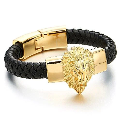 Men’s leather bracelets with initials-Stainless Steel Gold Plated Black Leather Lion Bracelet