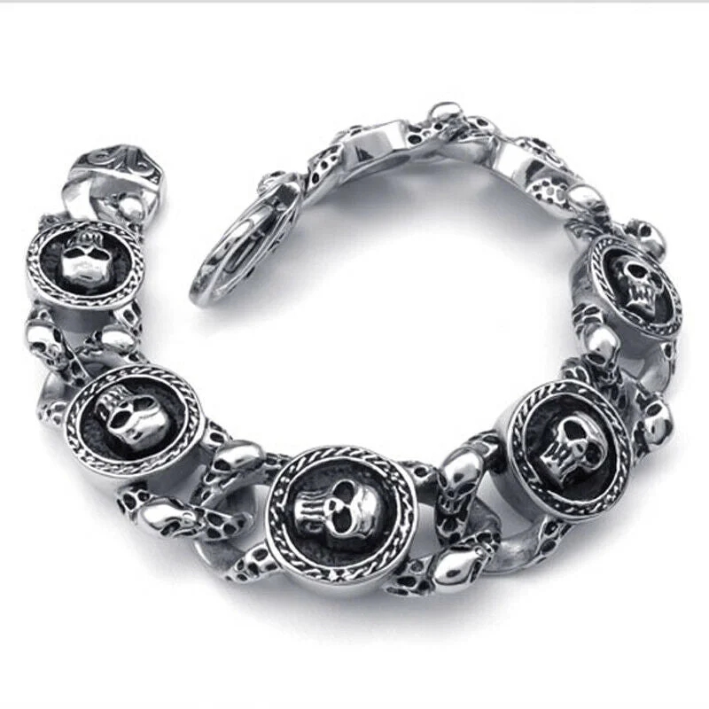 Custom silver bangles for women-Stainless Steel Oxidized Skulls Link Gothic Biker Bracelet