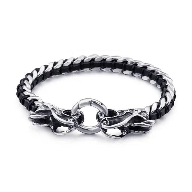 Simple tennis bracelets for women-Stainless Steel Woven Leather Double Dragon Bracelet