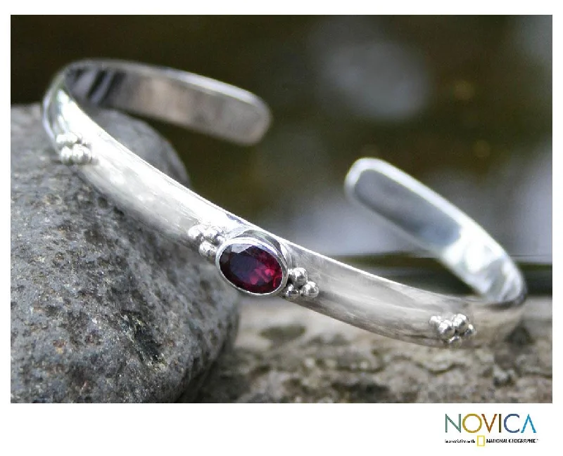 Personalized leather bracelets for men-Sterling Silver 'Eye Of Beauty' Garnet Cuff Bracelet (Indonesia)