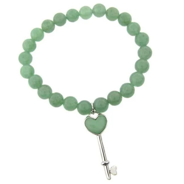 Minimalist silver bracelets for men-Sterling Silver Green Jade Heart Key Stretch Bracelet