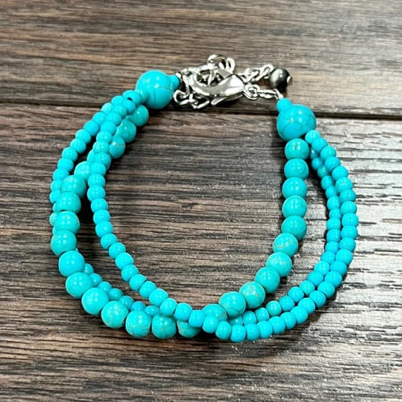 Simple gold charm bracelets-Three strand Turquoise Adjustable Bracelet