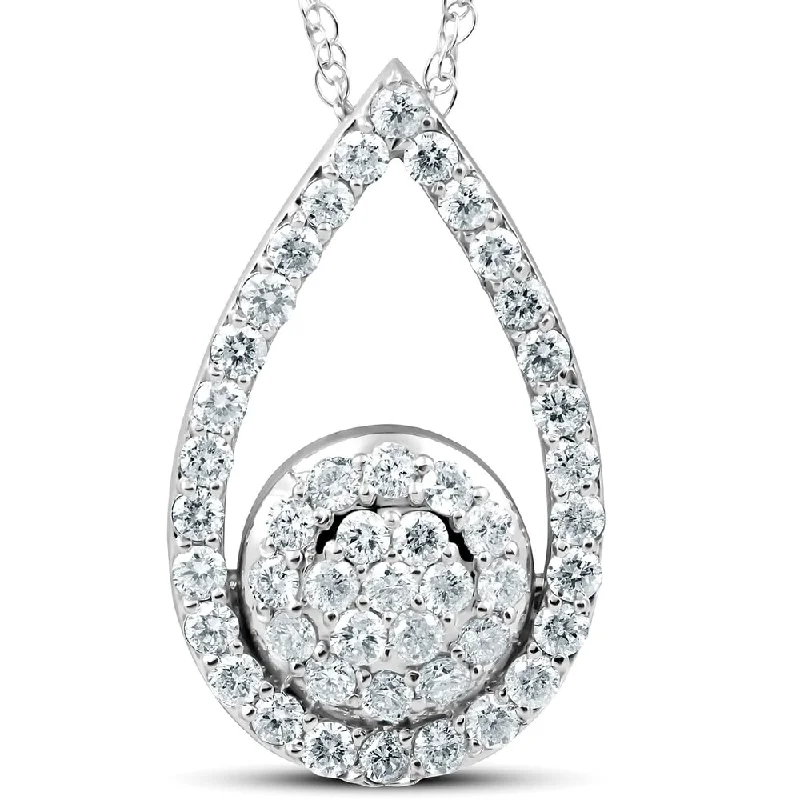 silver and gold necklace for layering -1 1/10Ct Diamond Circle Pear Shape Pendant White Gold 1" Tall