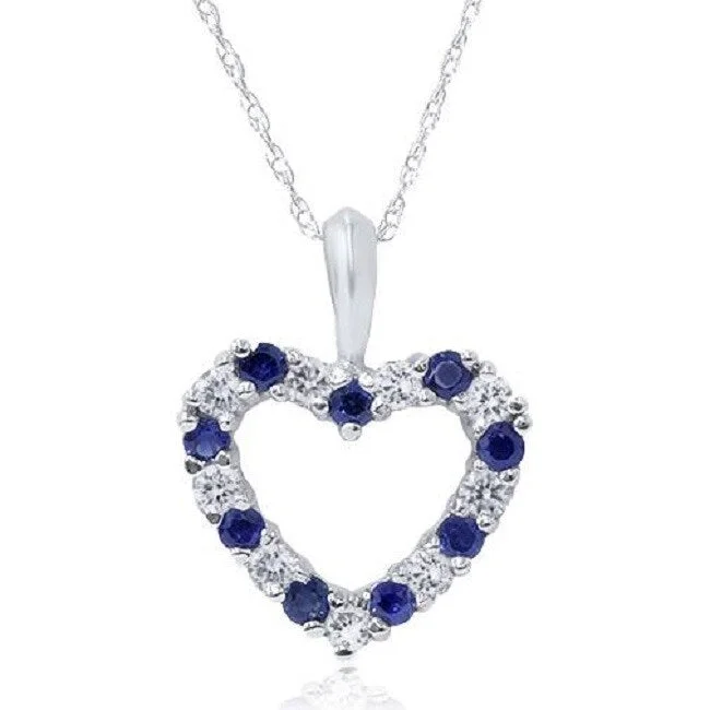 initial necklace for women -1/2ct Blue Sapphire & Diamond Heart Pendant 14 Karat White Gold