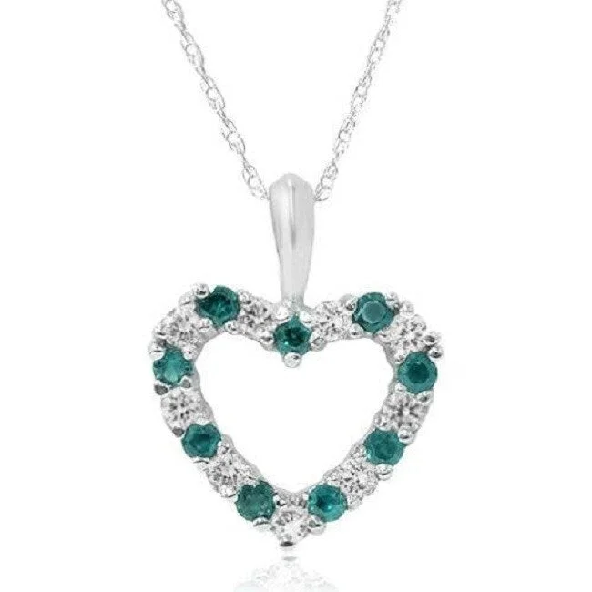 diamond tennis necklace for women -1/2ct Emerald & Diamond Heart Pendant 14 Karat White Gold 1/2" Tall