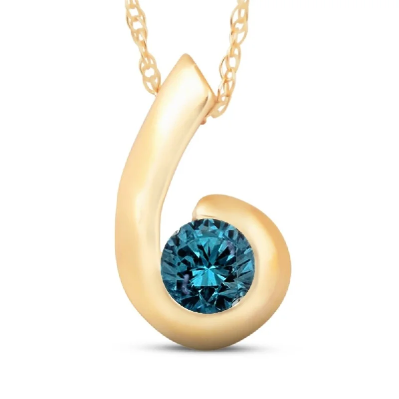 simple necklace for special occasions -1/4ct Yellow Gold Blue Diamond Bezel Solitaire Pendant