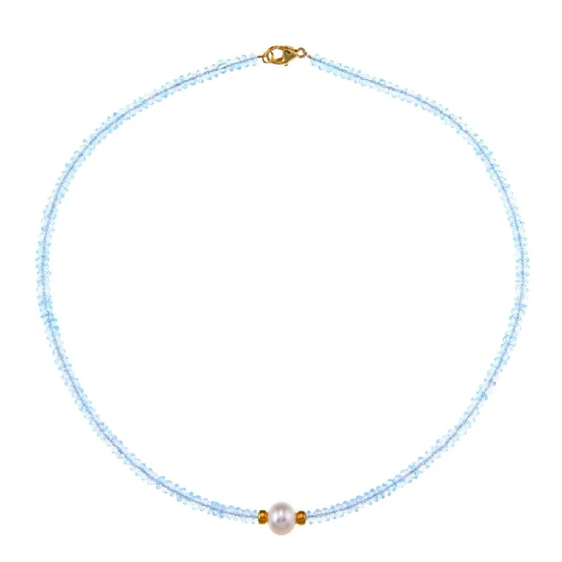 simple chain necklace for women -14K Gold Over Sterling Silver White Freshwater Pearl Blue Topaz Necklace (9-10 mm)