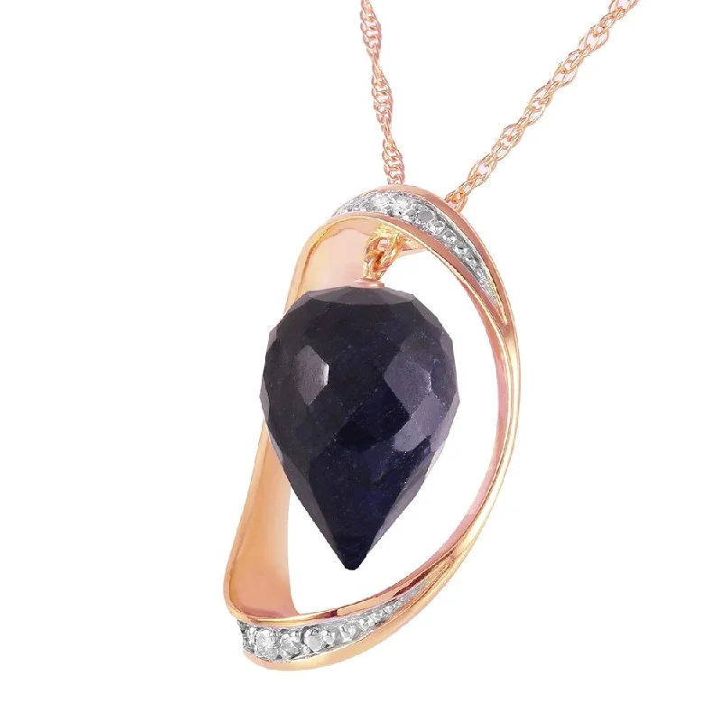 polished silver necklace for men -14K Solid Rose Gold Necklace with Diamonds & Briolette Pointy Drop Dyed Sapphire