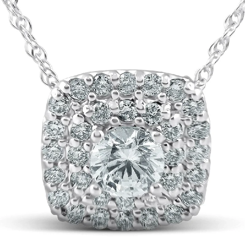 silver and gold necklace for layering -14K White Gold 1 1/2 Ct Cushion Double Halo Pendant 1/2"