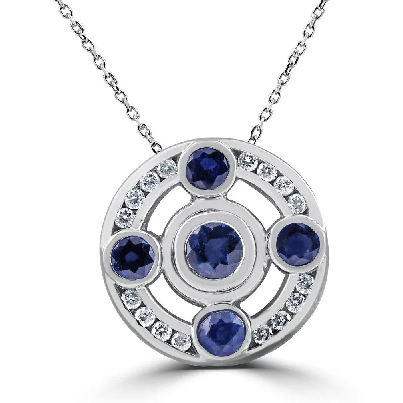 spiritual necklace for women -14k White Gold 2 1/8 ct TW Blue Sapphire Diamond Large Circle Pendant 14K White Gold Bezel 18" Chain (G-H,ISI1-SI2)