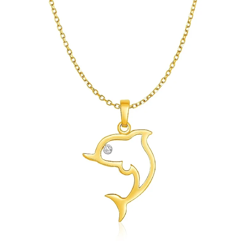 custom birthstone necklace for women -14k Yellow Gold Necklace with Gold and Diamond Open Dolphin Pendant