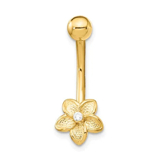 gold chain necklace for men -14k Yellow Gold Solid CZ Center Plumeria Flower Belly Button Ring