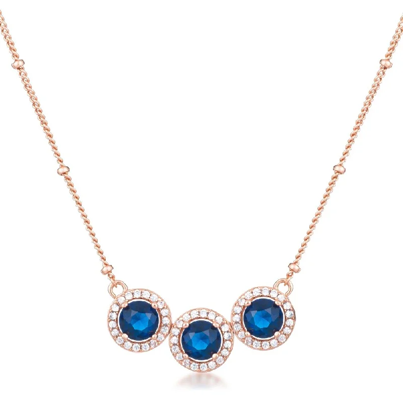 round pendant necklace for men -3.1Ct Rose Gold Plated Sapphire Blue Tri-Halo CZ Pendant