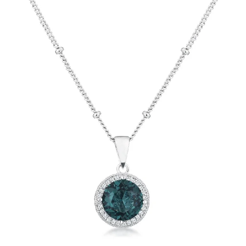 custom engraved necklace for women -3Ct Rhodium Blue Green CZ Round Halo Satellite Pendant