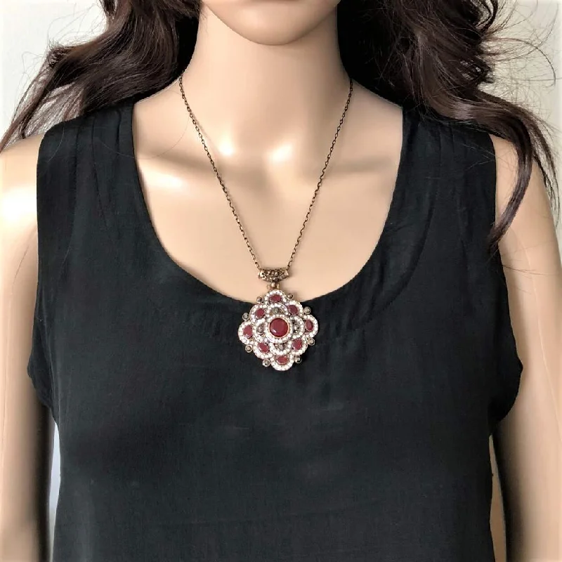 personalized charm necklace for moms -Antique Red and Clear Crystal Geometric Necklace