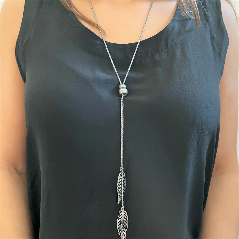 best necklace for layering -Antique Silver Long Leaf Necklace