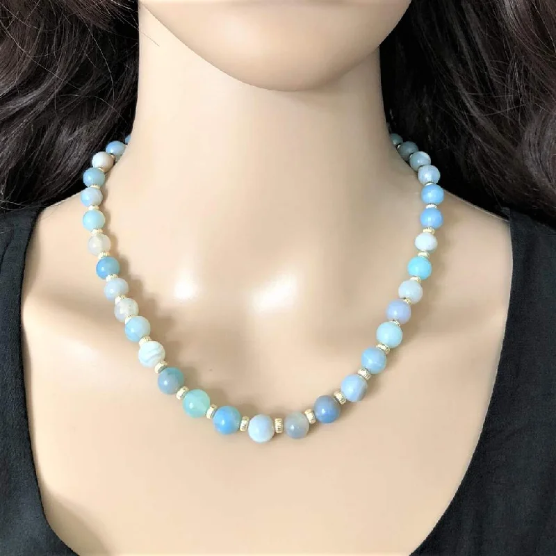 silver heart necklace for women -Arctic Blue Agate and Silver Beaded Necklace