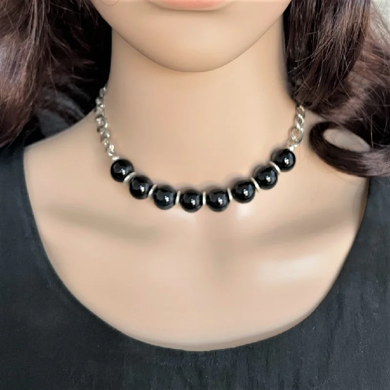 custom birthstone necklace for women -Black Agate and Silver Chain Necklace