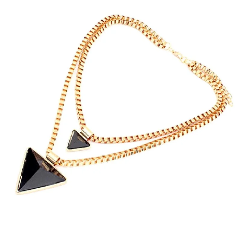 long pendant necklace for women -Black Double Layered Triangle Pendant Necklace