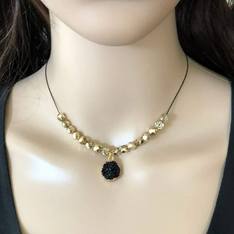 crystal necklace for weddings -Black Druzy and Gold Beaded Collar Necklace