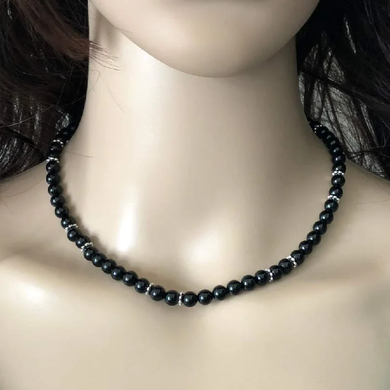 opal pendant necklace for women -Black Onyx 6mm Beaded Necklace With Silver Daisy Spacers