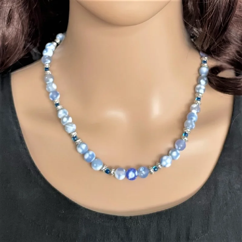 pearl and silver necklace for women -Blue and White Matte Agate and Blue Toho Beaded Necklace