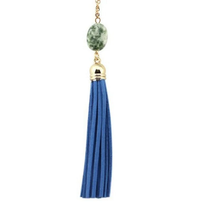 custom nameplate necklace -Blue Natural Stone and Tassel Long Gold Necklace