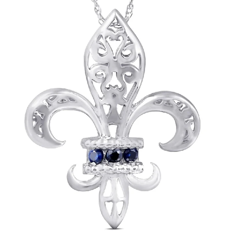 silver and gold necklace for layering -Blue Sapphire Vintage Fleur De Lis Pendant 10KT White Gold W/ 18" Chain 1" Tall