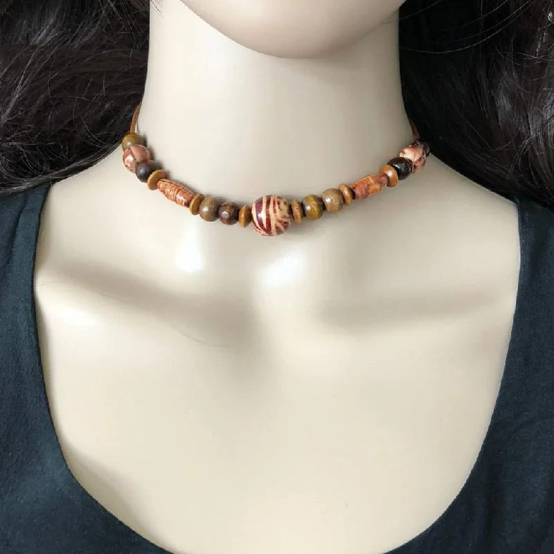 stylish choker necklace for women -Boho Brown Wood Beaded Choker