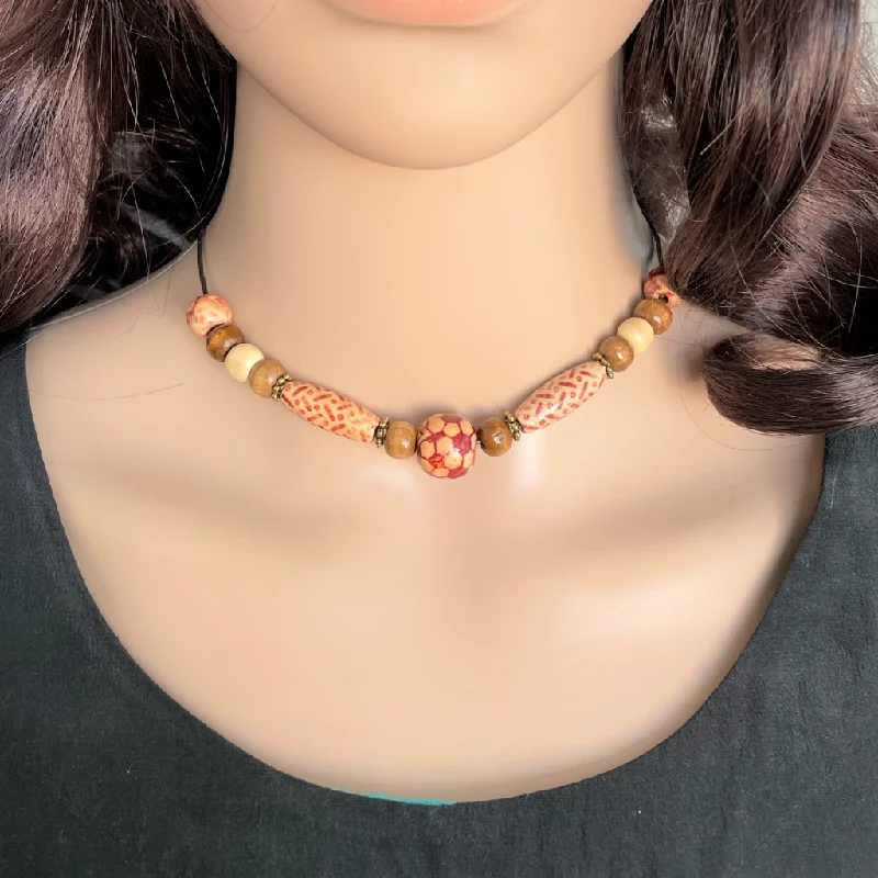 zodiac sign necklace for gifts -Brown and Beige Wood Beaded Choker