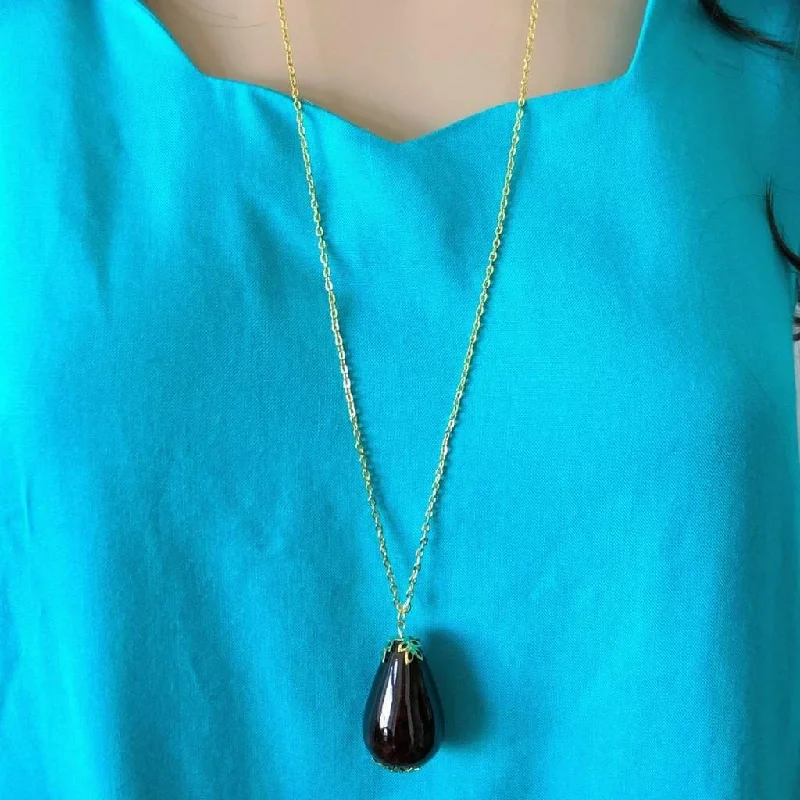 black pendant necklace for men -Brown Ceramic Teardrop Long Necklace