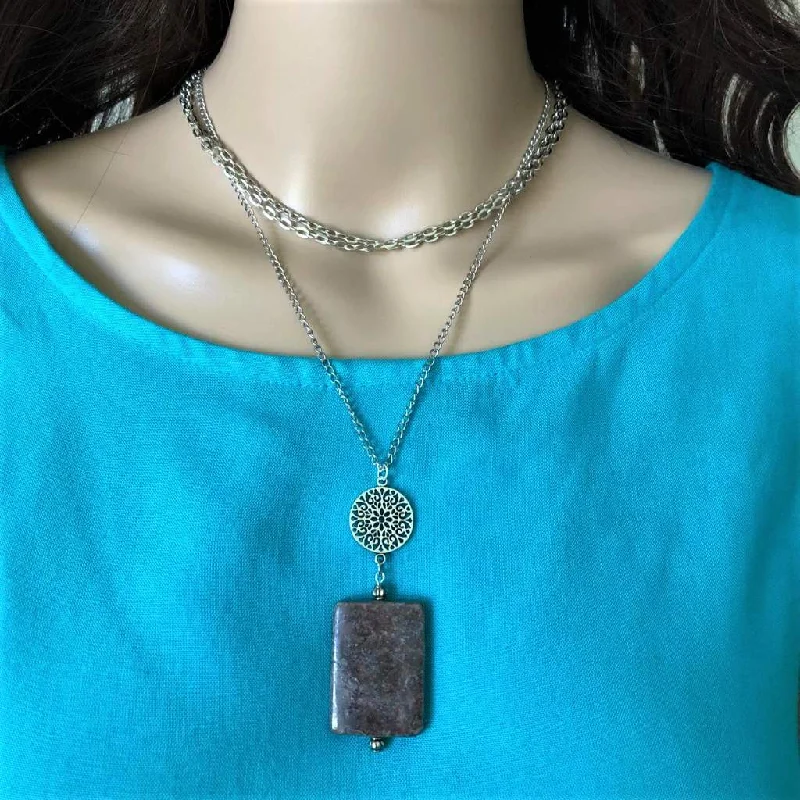 black pendant necklace for men -Brown Jasper Rectangle Pendant Layered Necklace