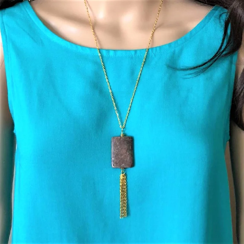 pendant necklace for everyday wear -Brown Jasper Rectangle Stone Pendant Necklace