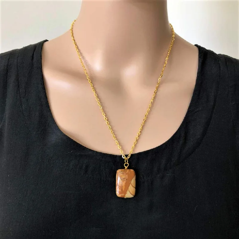 multi-layer necklace for women -Brown Jasper Stone Long Necklace