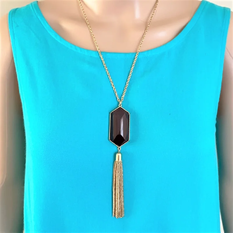 sterling silver necklace for men -Brown Resin Stone and Gold Tassel Long Necklace