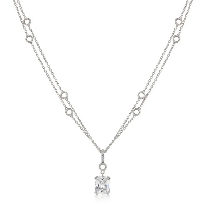 simple silver necklace for men -Clear Rhodium Cubic Zirconia Solitaire Pendant on Double Chain - 30 Mm L X 10 Mm W X 7 Mm H