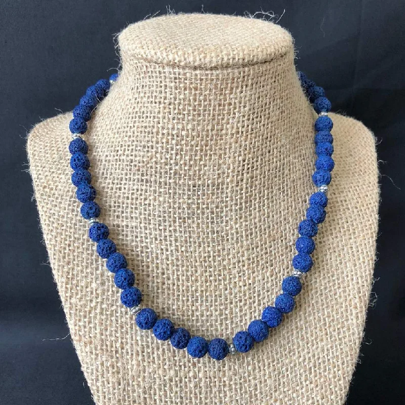 simple silver necklace for men -Cobalt Blue Lava Beaded Necklace Unisex