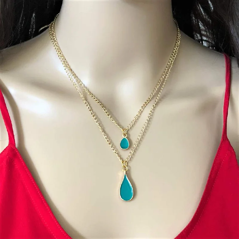 elegant pearl necklace for events -Colorful Enamel Teardrop Layered Gold Chain Necklace