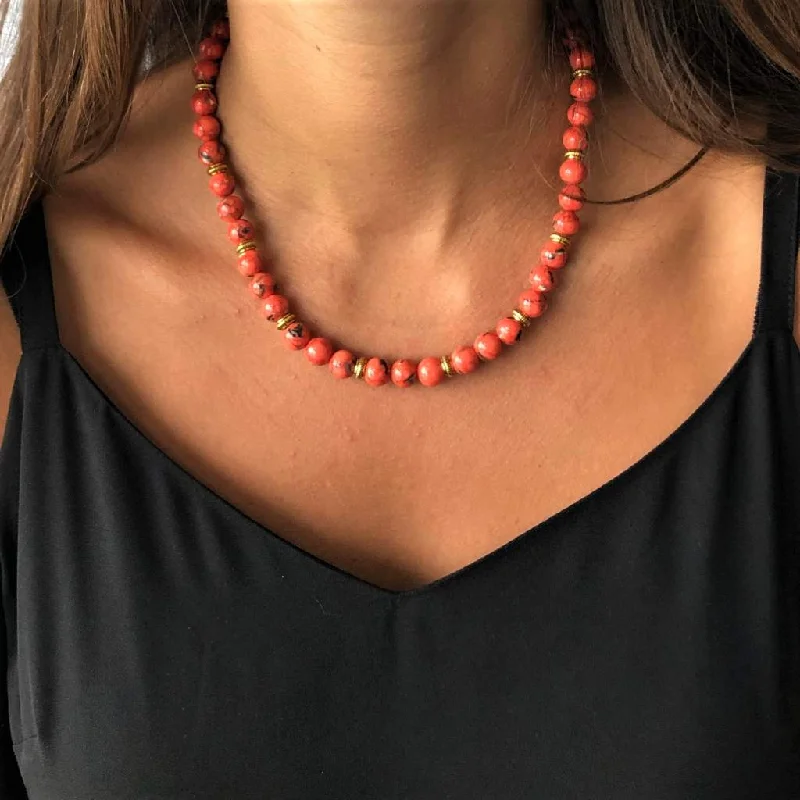 simple chain necklace for women -Coral Mosaic Shell and Gold Beaded Necklace