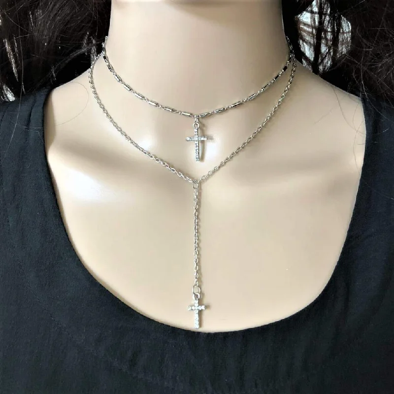 geometric necklace for women -Crystal Double Layered Cross Gold or Silver Necklace