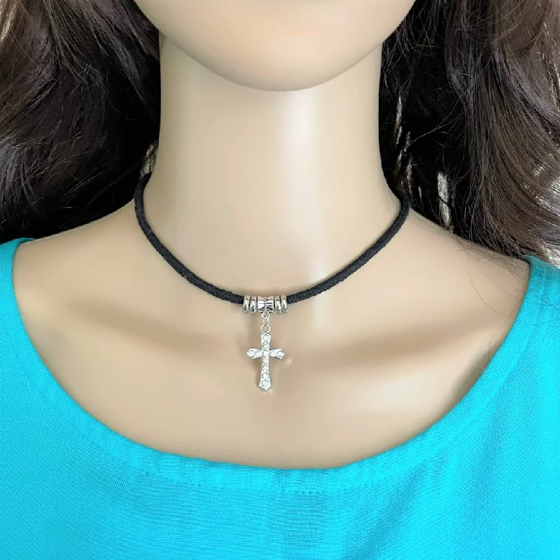 personalized charm necklace for moms -Crystal Silver Cross Choker