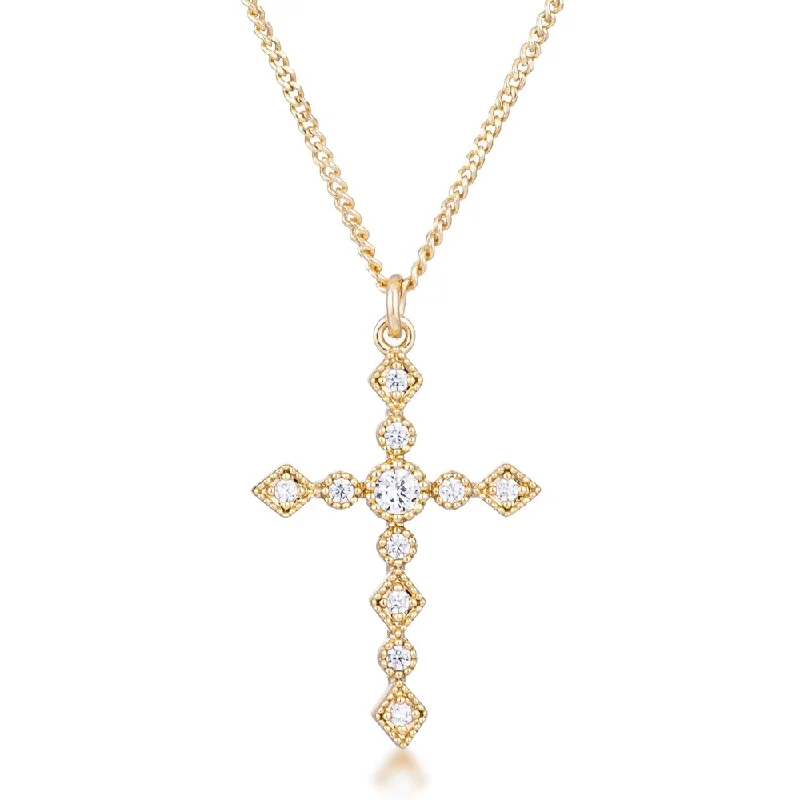 best necklace for layering -Dainty Art Deco Gold Plated Clear Cubic Zirconia Cross Pendant