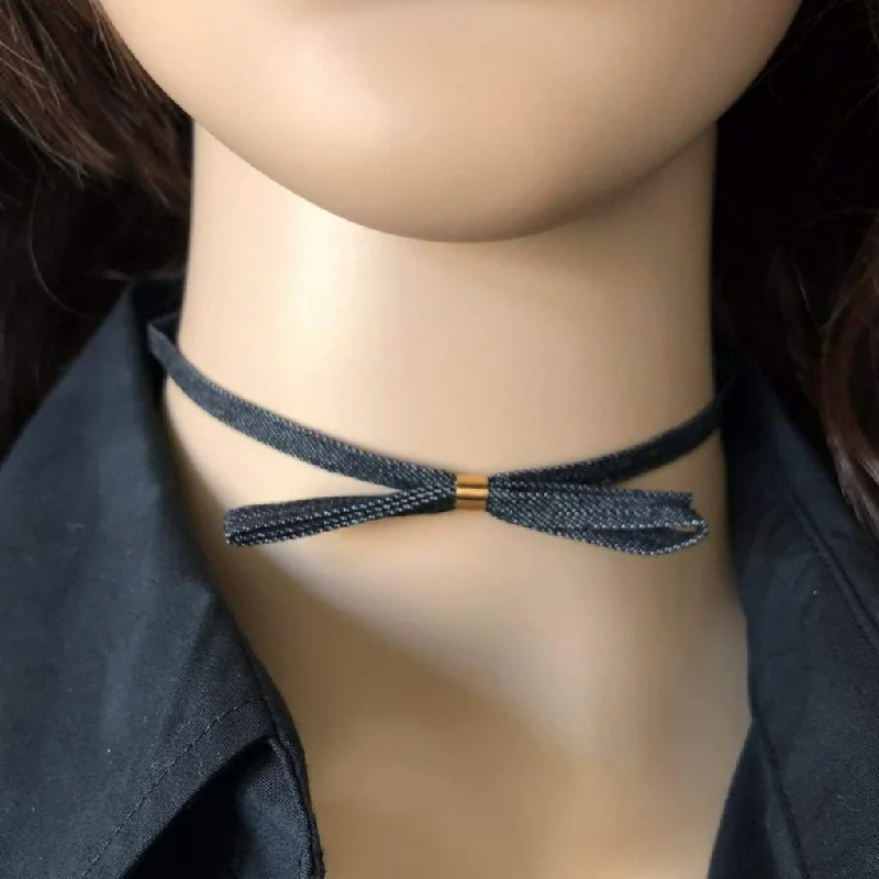 elegant gold necklace for special occasions -Dark Denim Choker with Bow