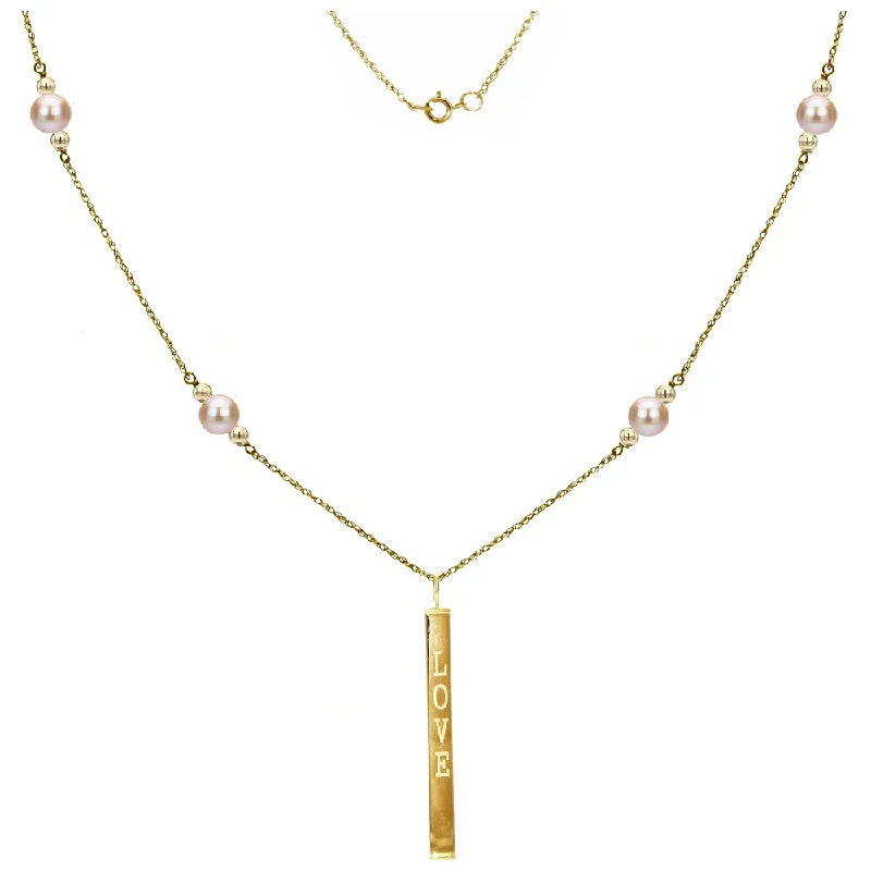 infinity necklace for couples -DaVonna 14k Yellow Gold Beads and Rope Chain with 6-6.5mm Pink Round Freshwater Pearl Necklace and Rectangle 'LOVE' Pendant. 18"