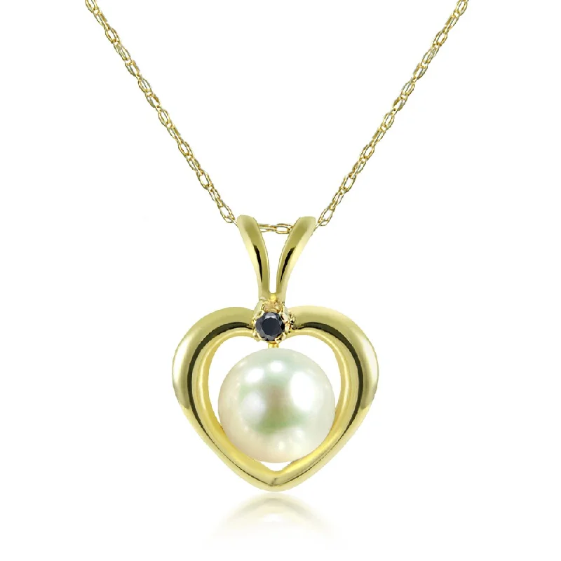 small pendant necklace for men -DaVonna 14k Yellow Gold Heart Shape whit .01ctw Black Diamond Round White Freshwater Pearl Pendant Necklace, 18" (5-5.5 mm)