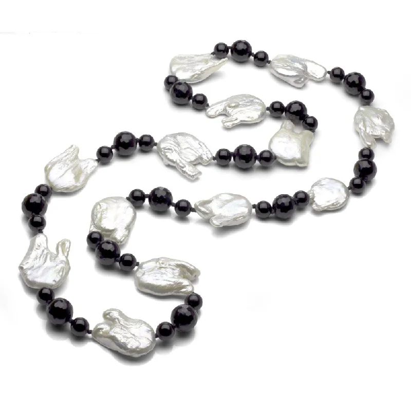 luxury pearl necklace for brides -Davonna 20-25mm White Freshwater Pearl and Onyx 18-inch Necklace Endless