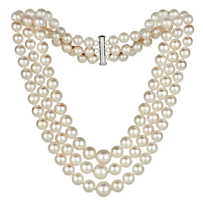 polished silver necklace for men -DaVonna Silver 4-8.5 mm White Freshwater Pearl Graduated 3-strand Necklace 16-inch