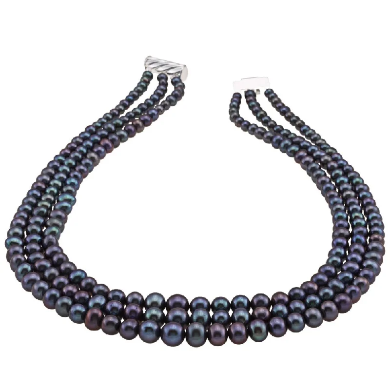 vintage necklace for women -DaVonna Silver Black FW Pearl Graduated 3-strand 16-inch Necklace (4-8.5 mm)